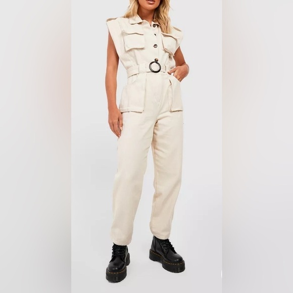 Boohoo Contrast Stitch Utility Khaki Denim Jumpsuit - Size US 4 - Picture 2 of 5